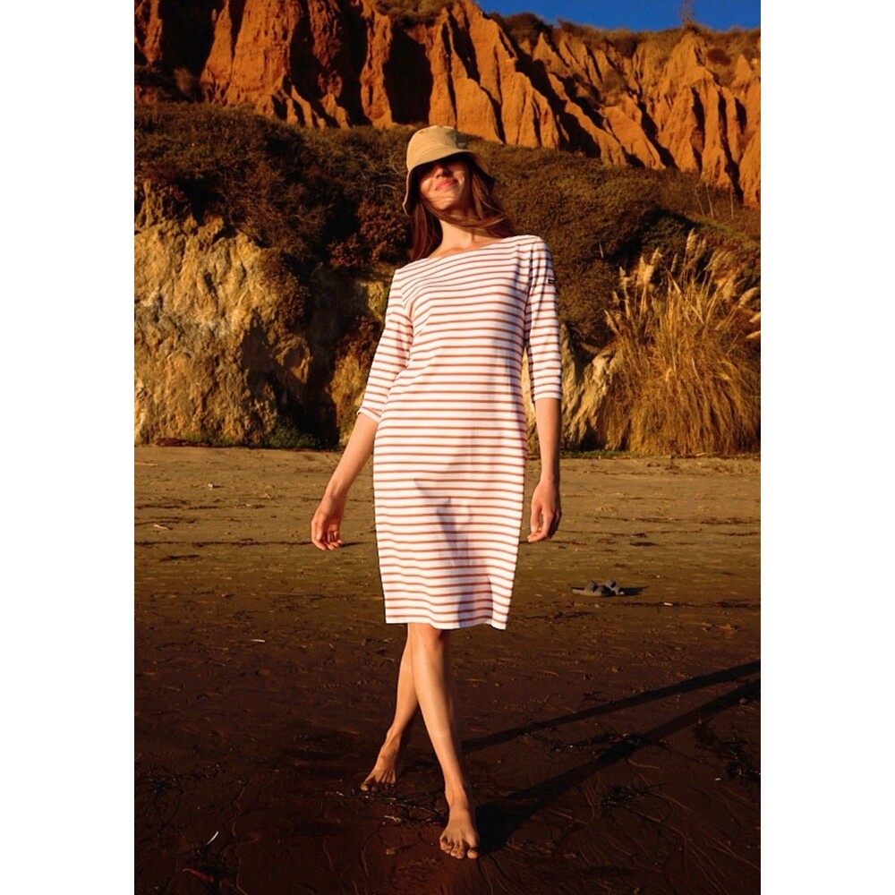 Saint James Propriano Dress Coral White Stripe 3/4 Sleeve Boat Neck Size 6